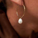 Single Pearl Large Hoop Earrings Gold