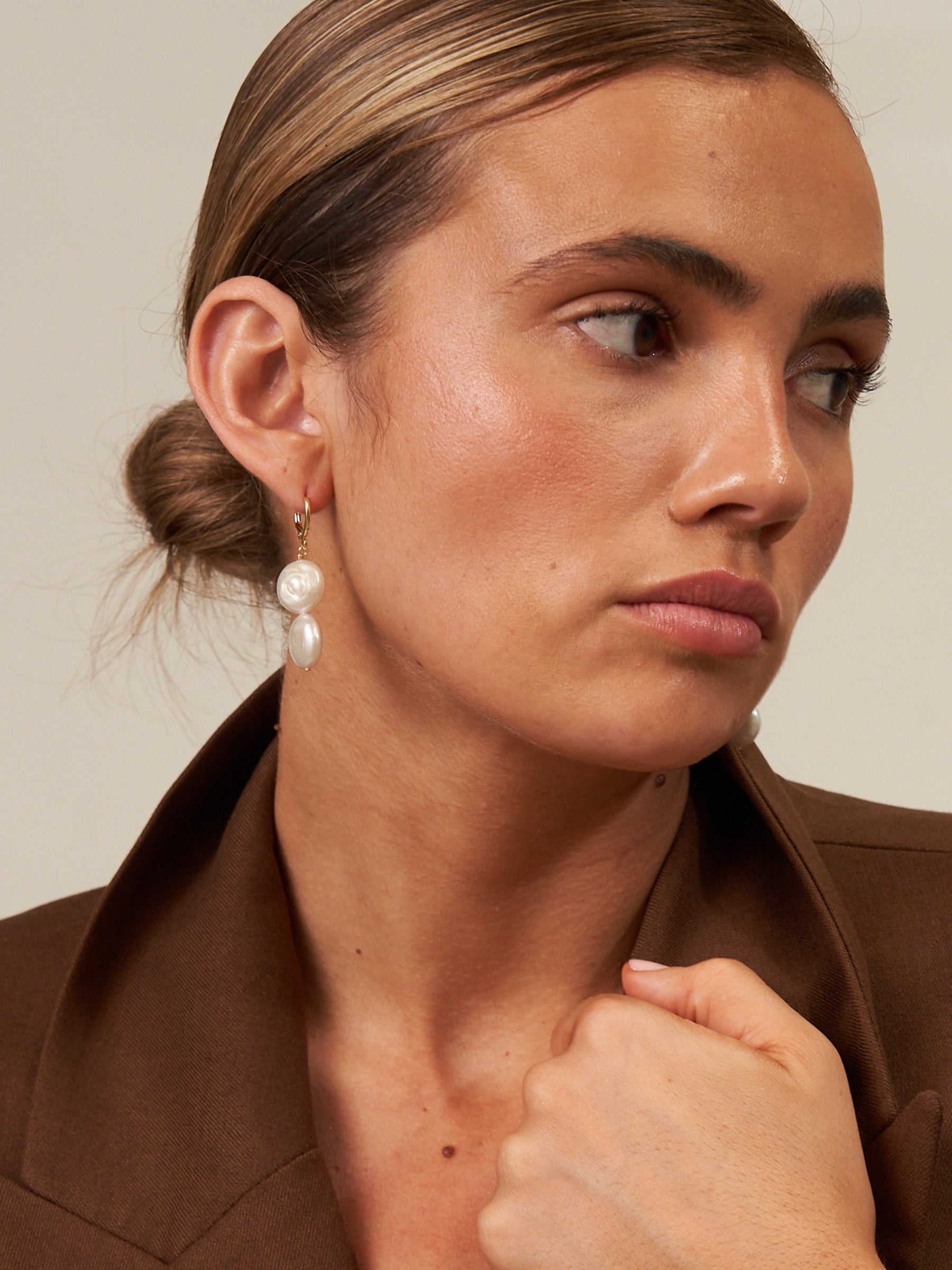 Two Pearl Gold Hoop Earrings