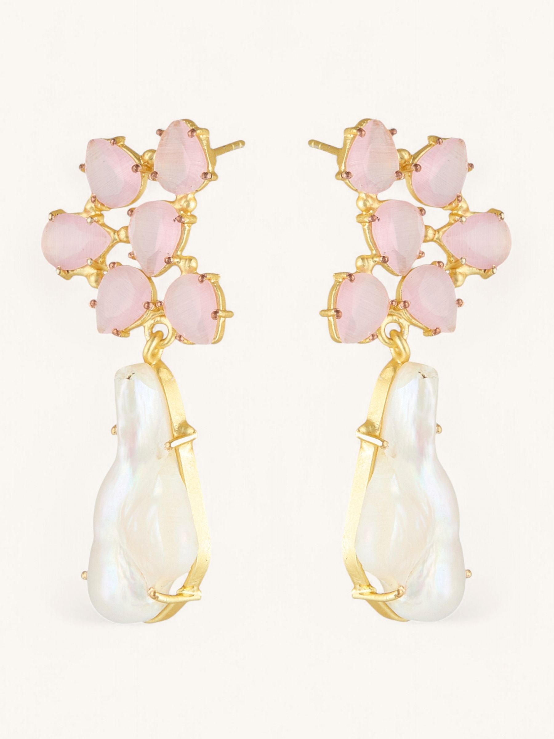 pink glass cluster large baroque pearl earrings