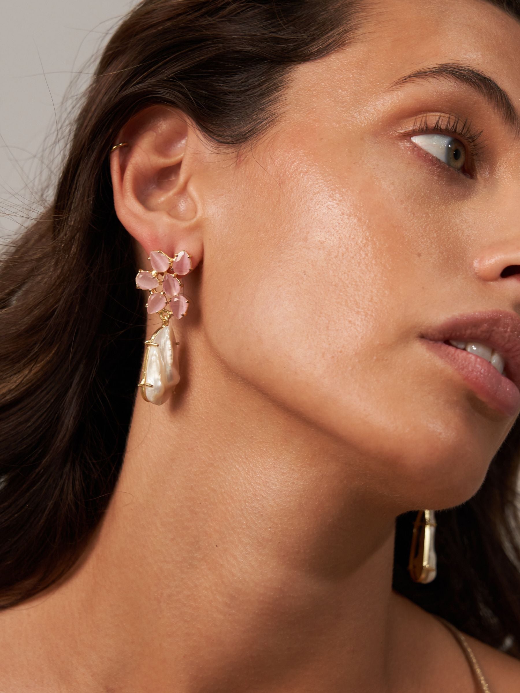 Pink Glass Cluster Earrings with large pearl