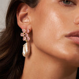 Pink Glass Cluster Earrings with large pearl