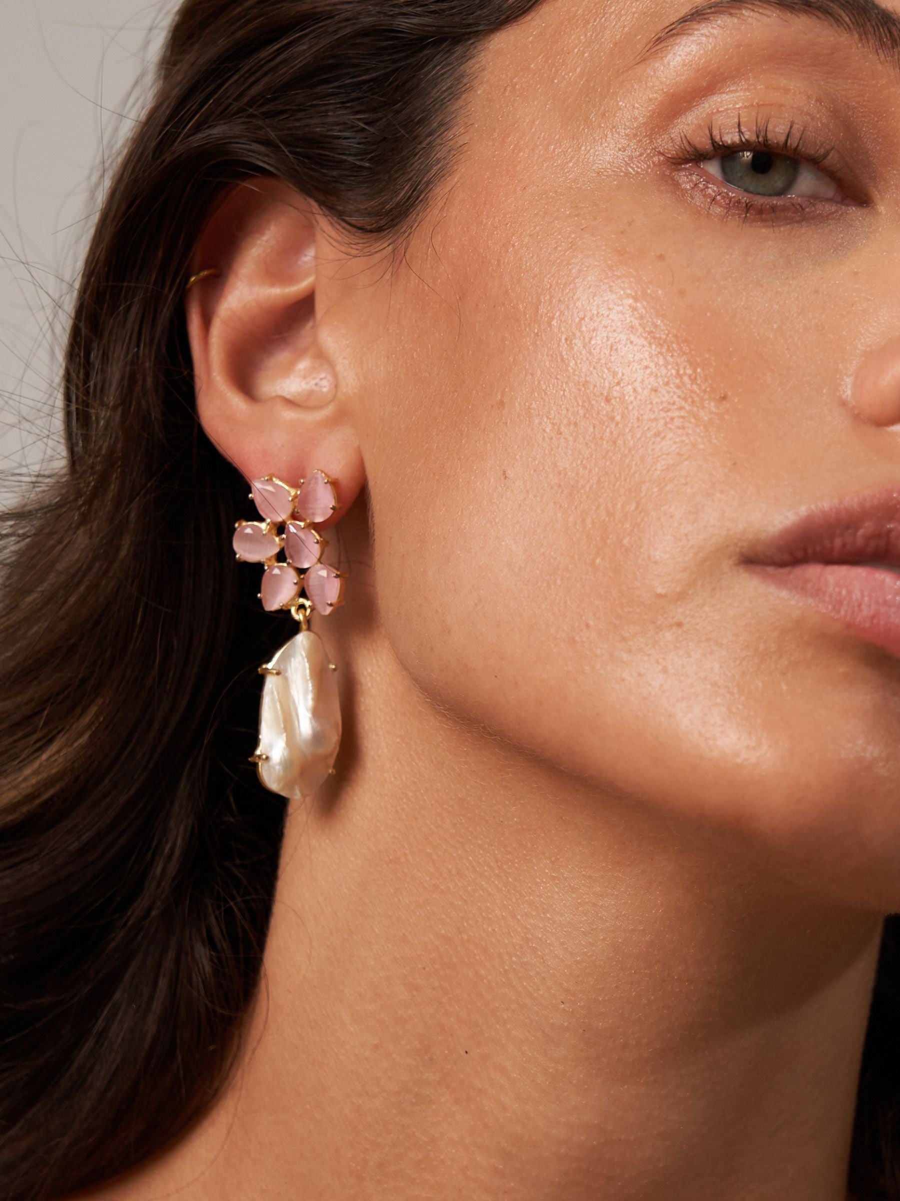 Pink Glass Cluster Earrings with large pearl