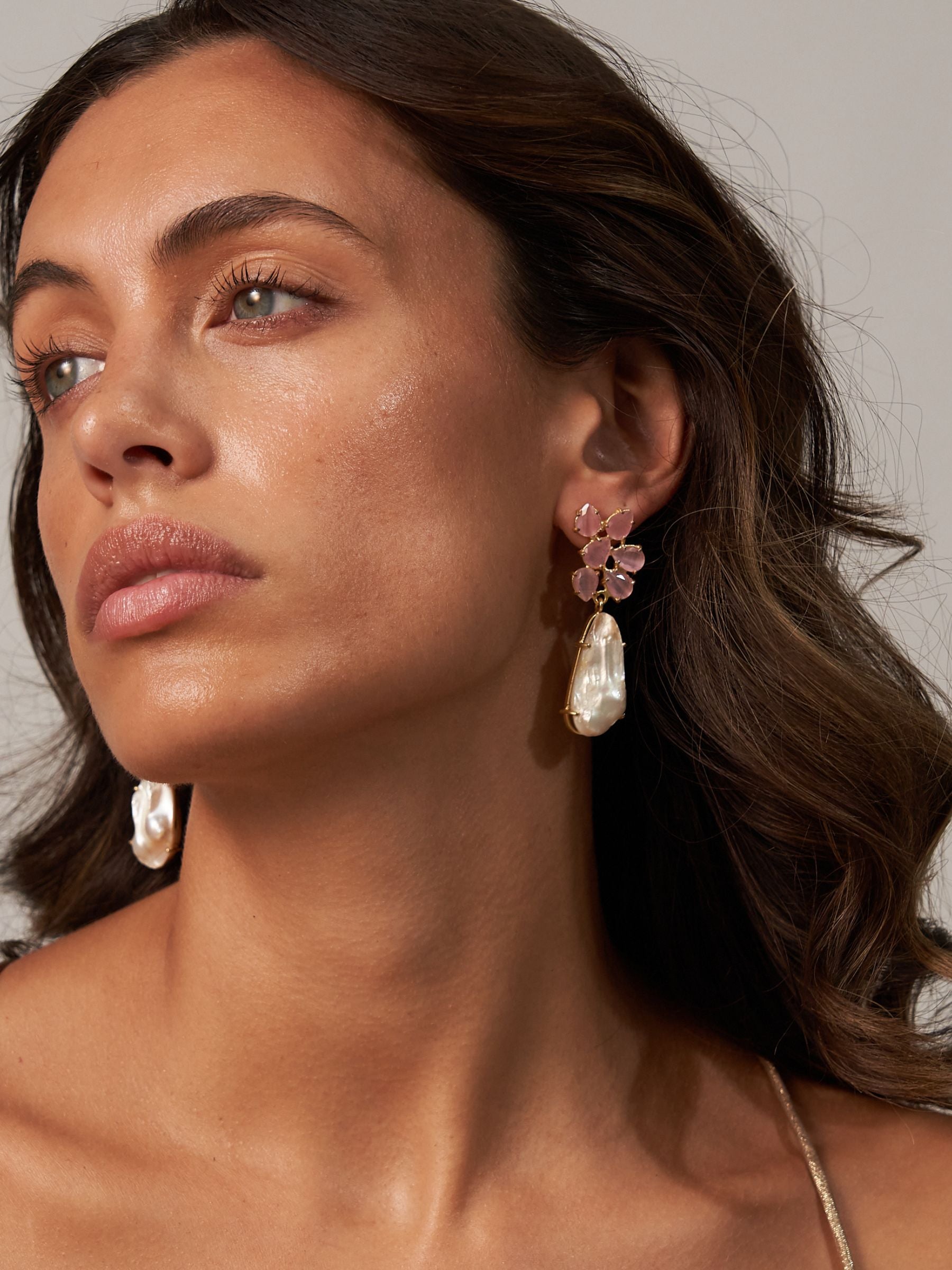 Pink Glass Cluster Earrings with large pearl