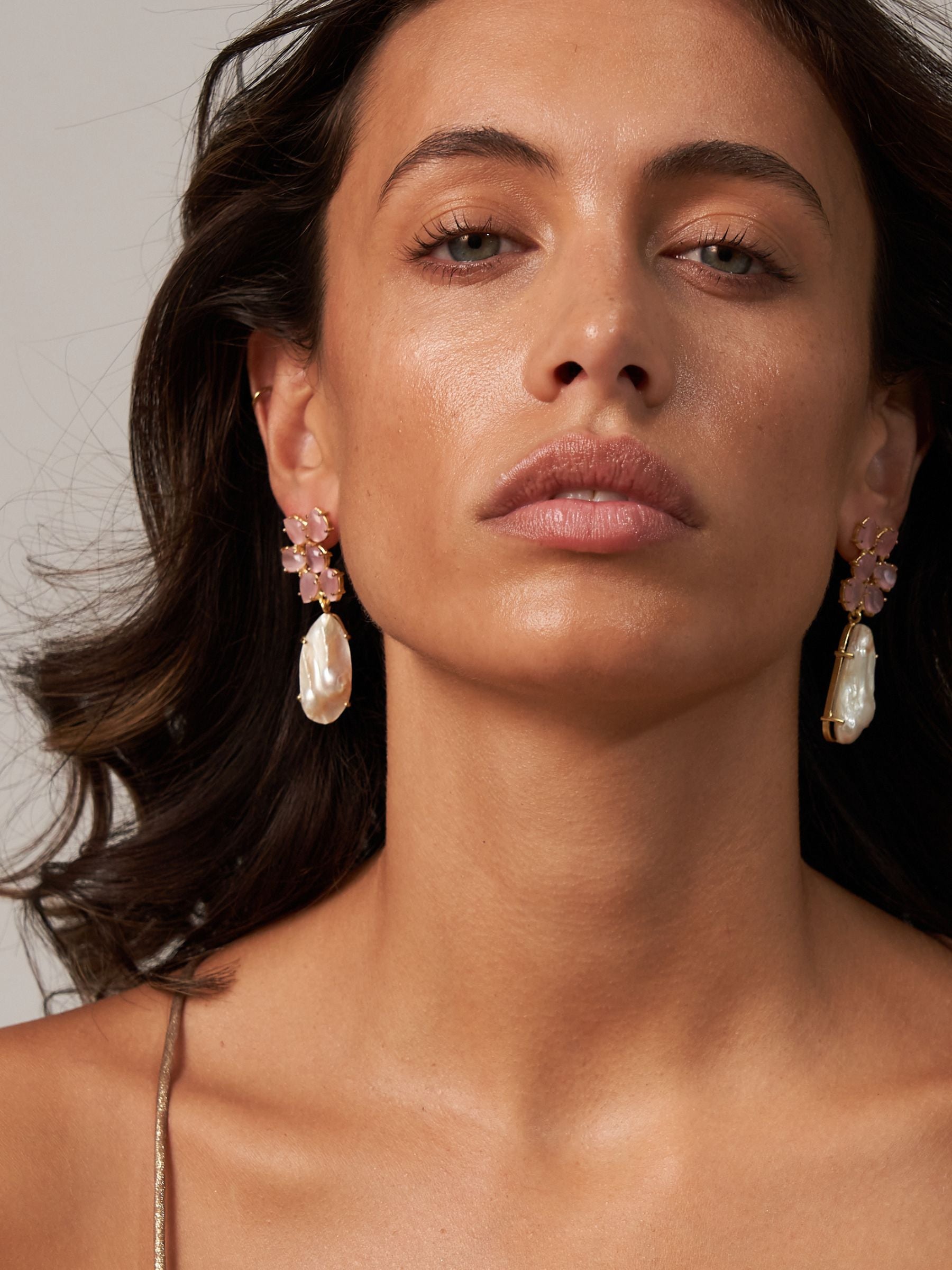 Pink Glass Cluster Earrings with large pearl