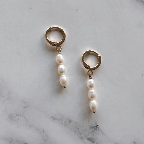 Three Pearl Gold Hooped Earrings