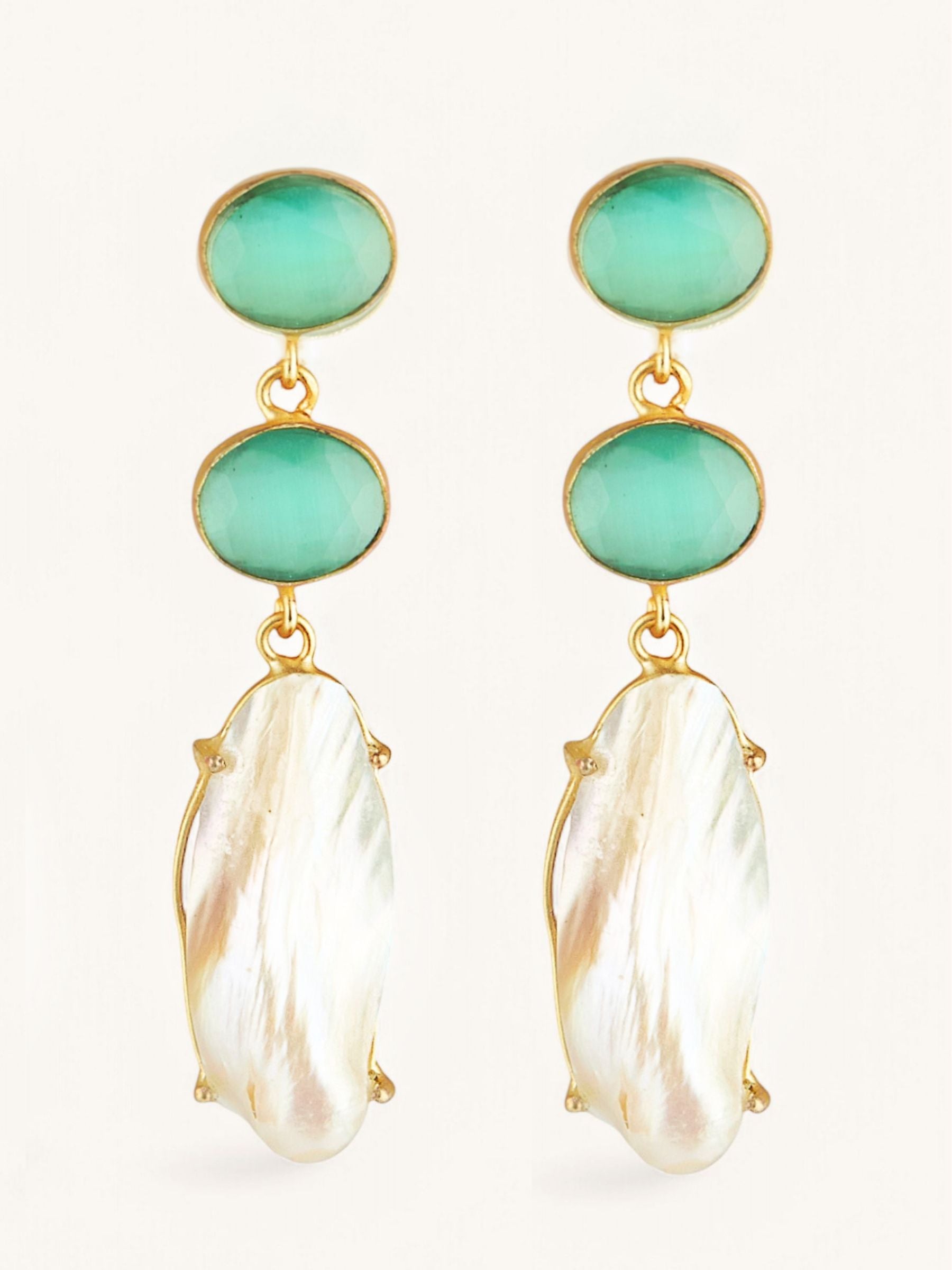 Green glass large pearl drop earrings