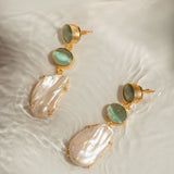 Green glass large pearl drop earrings