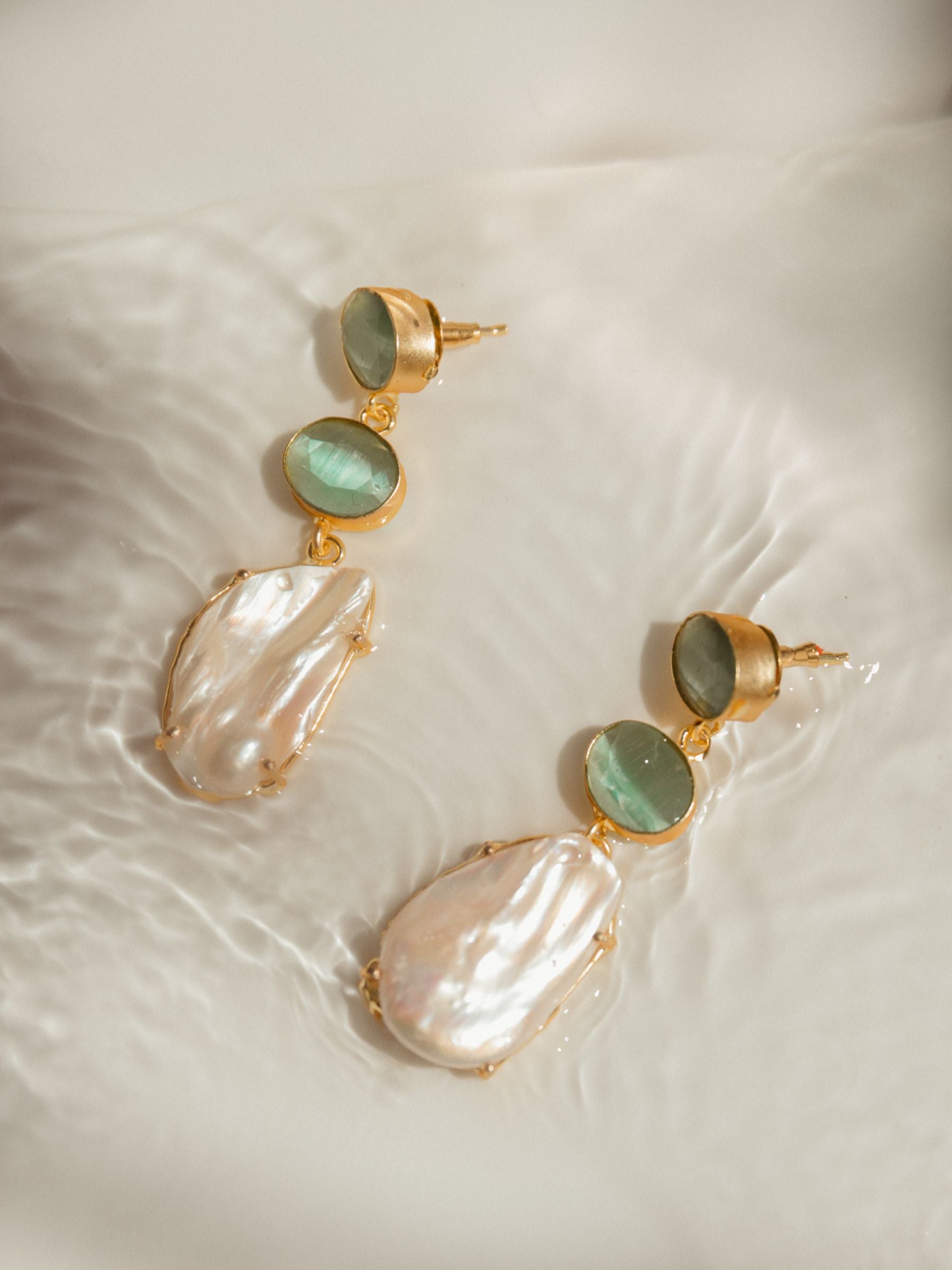 Green glass large pearl drop earrings