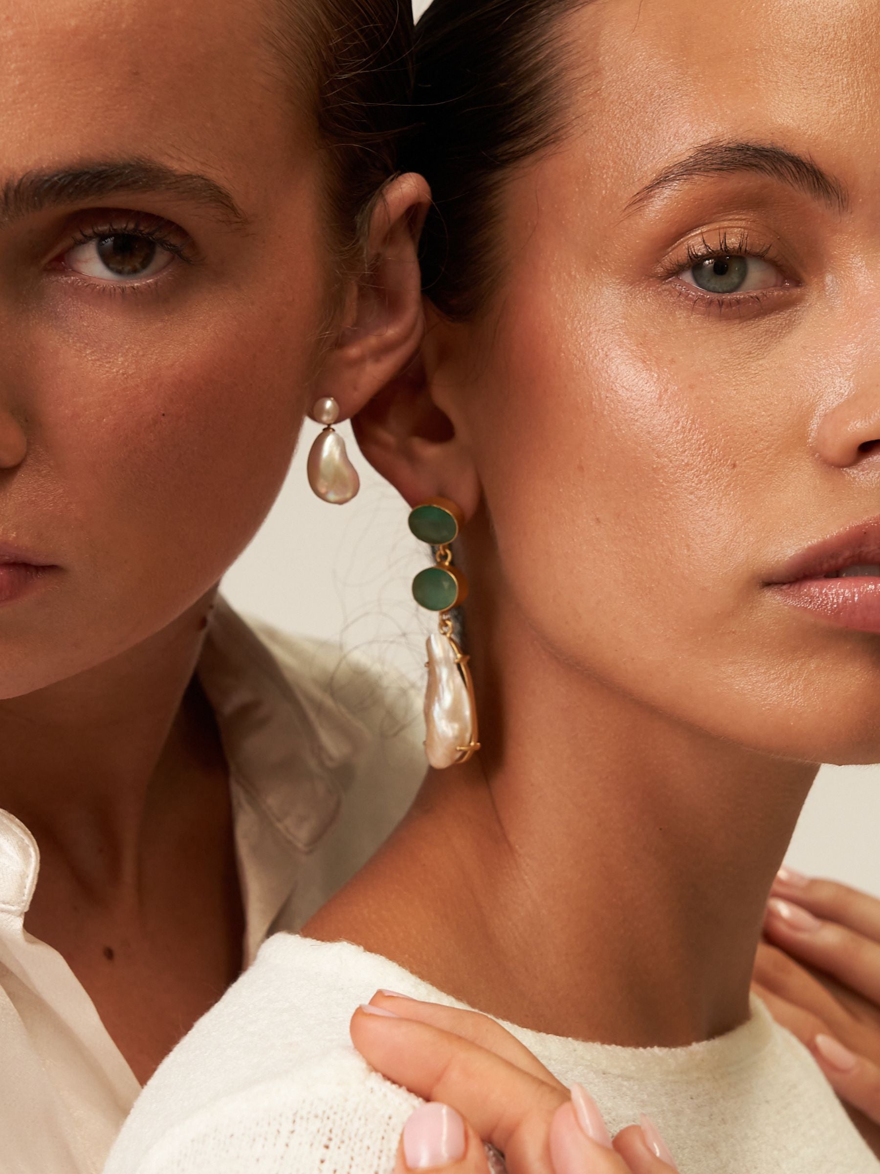 Green glass large pearl drop earrings