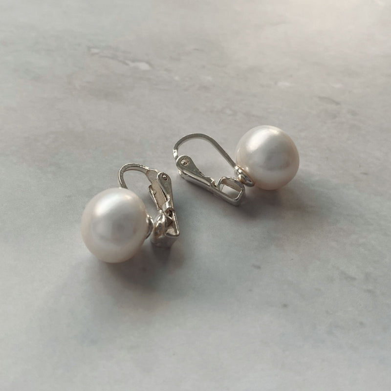 Olivia | Large White Pearl Clip-on Earrings | Silver