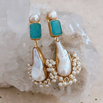 Blue glass large drop dangle pearl earrings