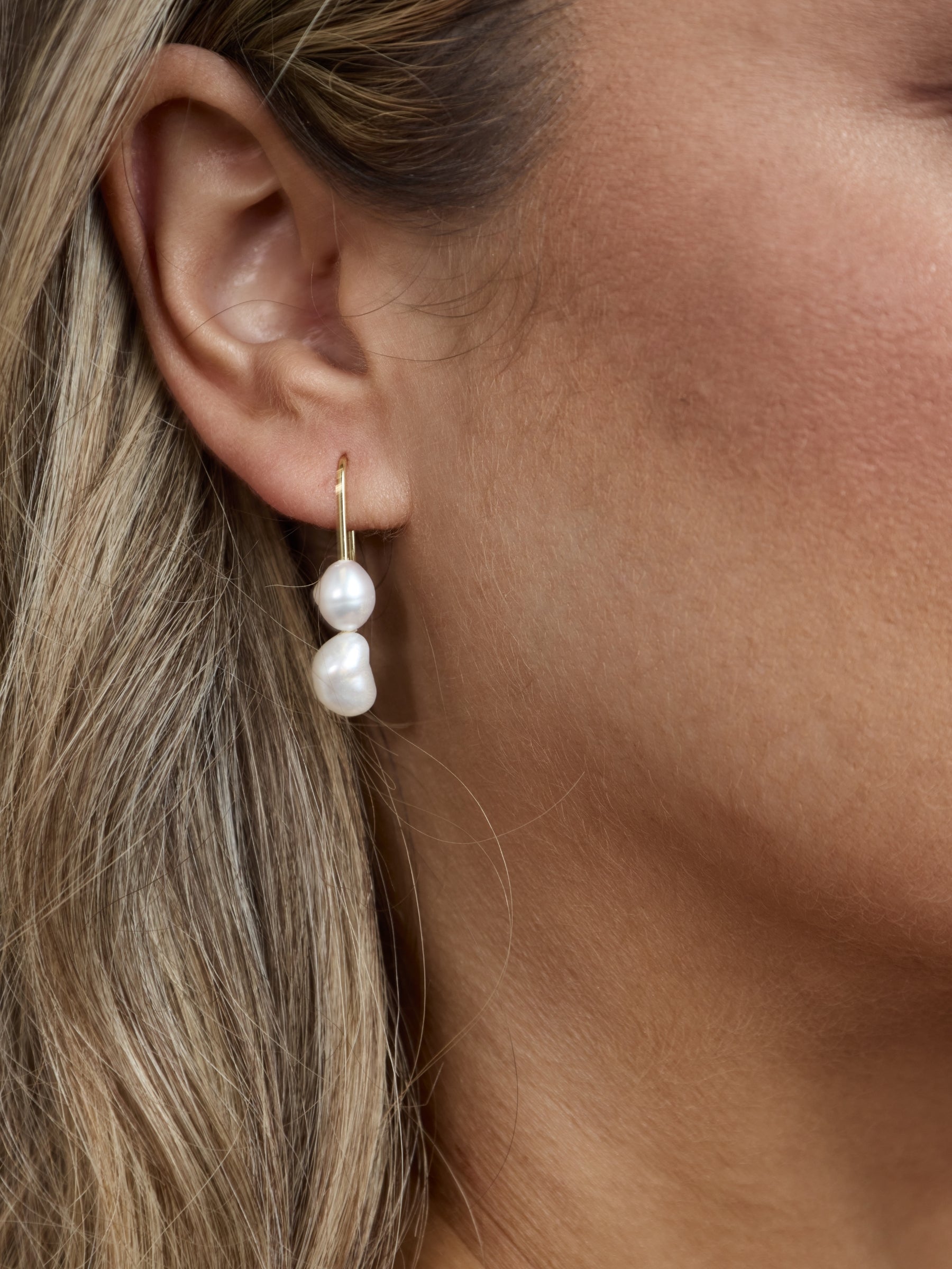 Double Pearl Hook Drop Earrings Gold