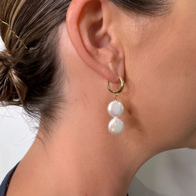 14k Gold Button Pearl Hoops Witt & Pearl