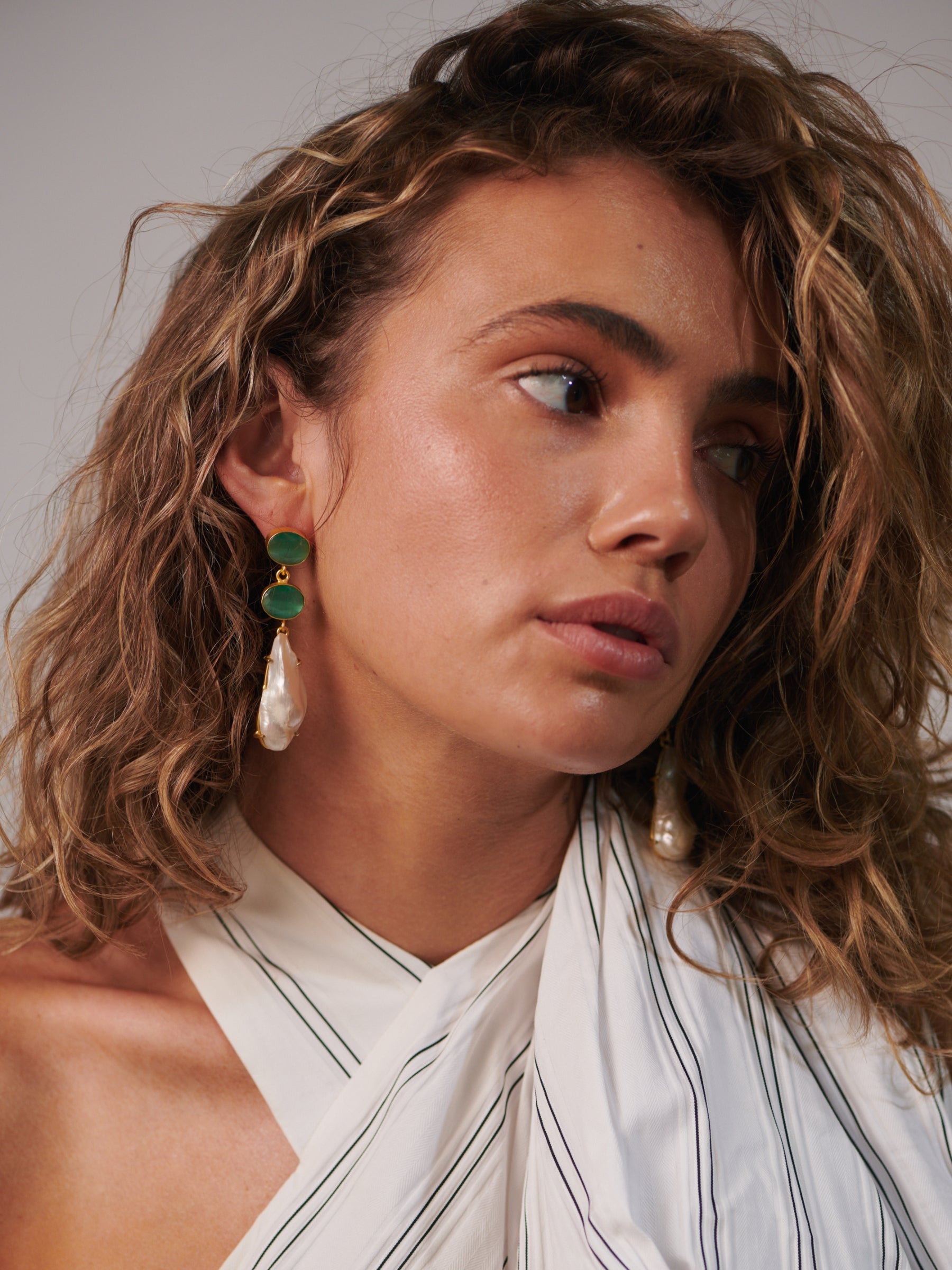 Green glass large pearl drop earrings