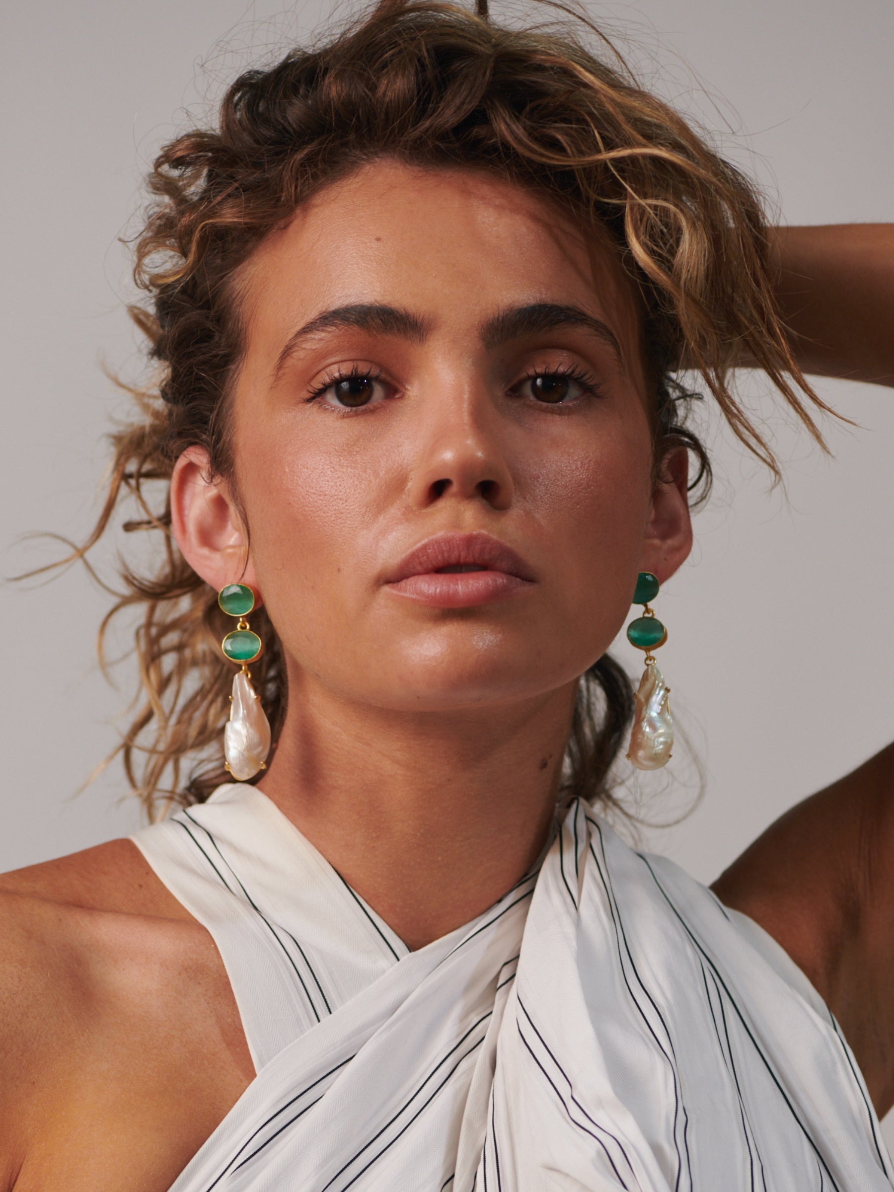 Green glass large pearl drop earrings