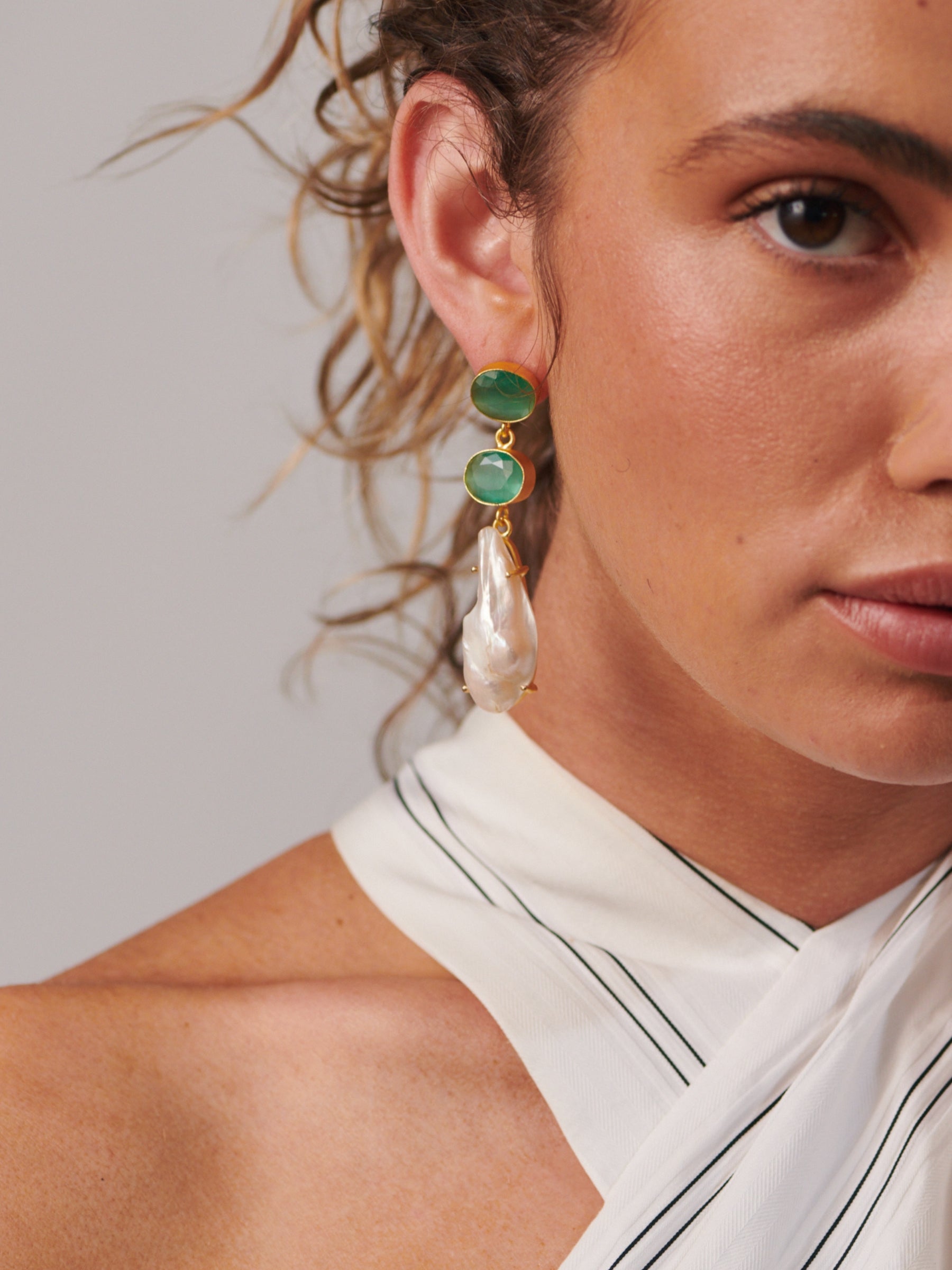 Green glass large pearl drop earrings