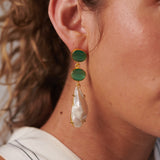 Green glass large pearl drop earrings