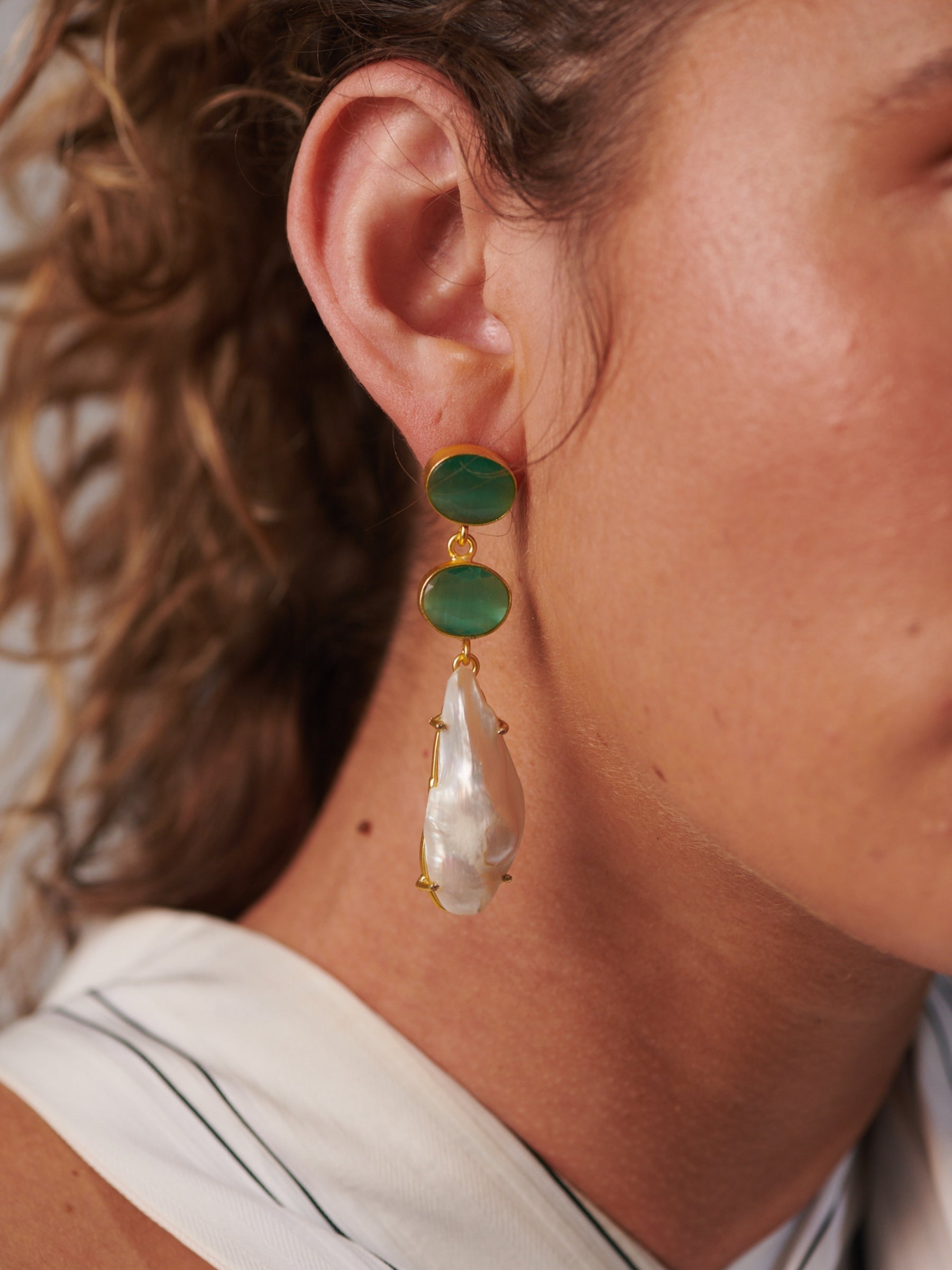 Green glass large pearl drop earrings