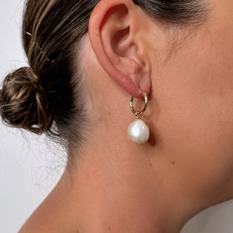 Pearl Drop Charm Hoop Silver Earrings