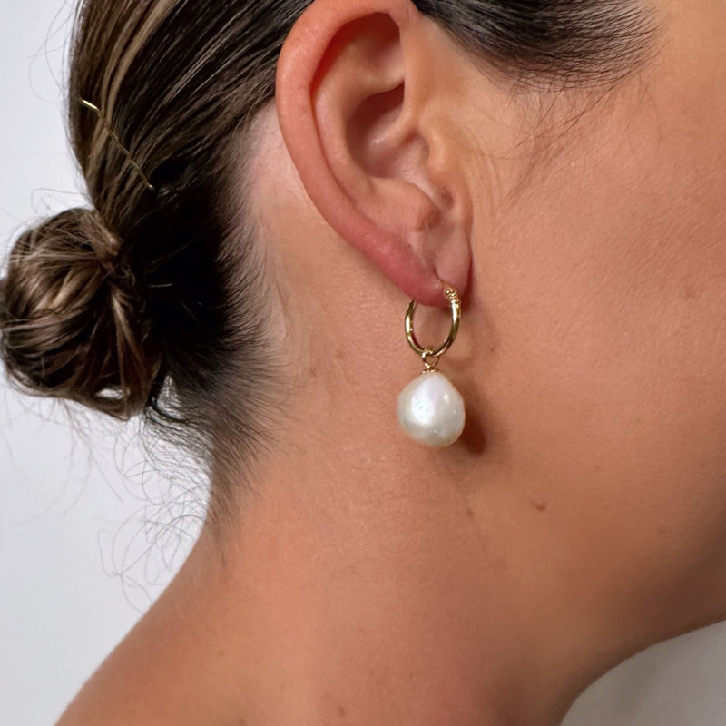 Lauren Gold Keshi Pearl Drop Hoops on Model