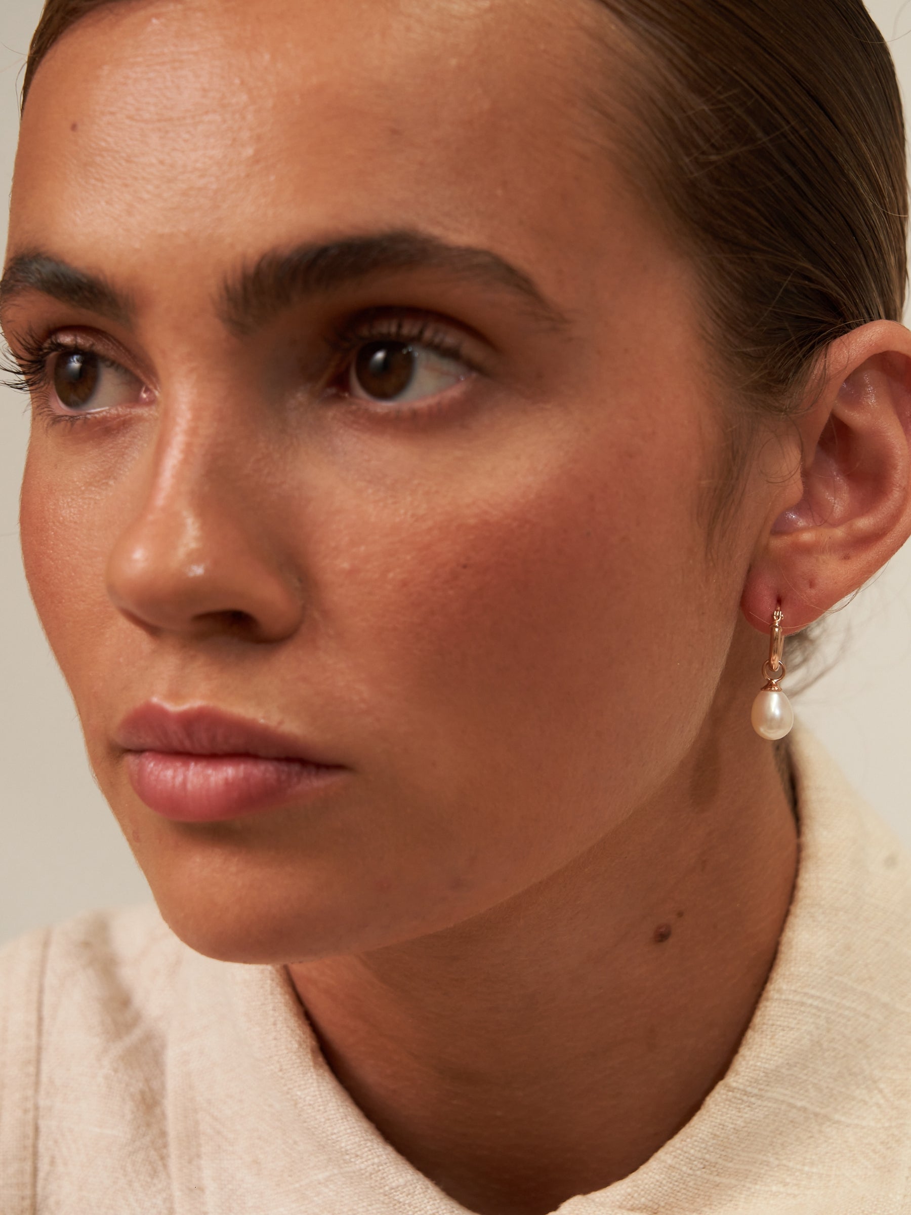 Small Rose Gold Pearl Drop Hoop Earrings