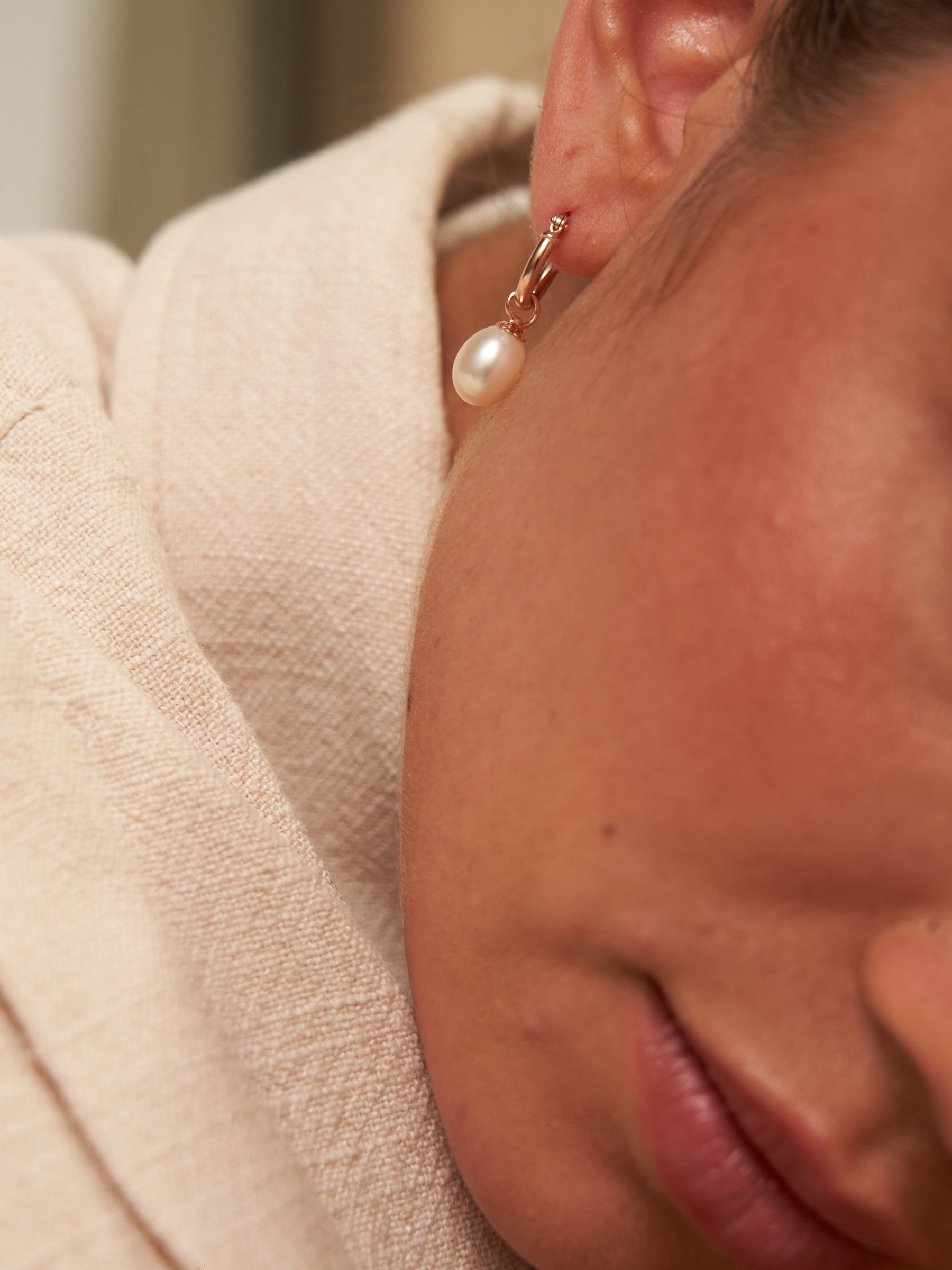Small Rose Gold Pearl Drop Hoop Earrings