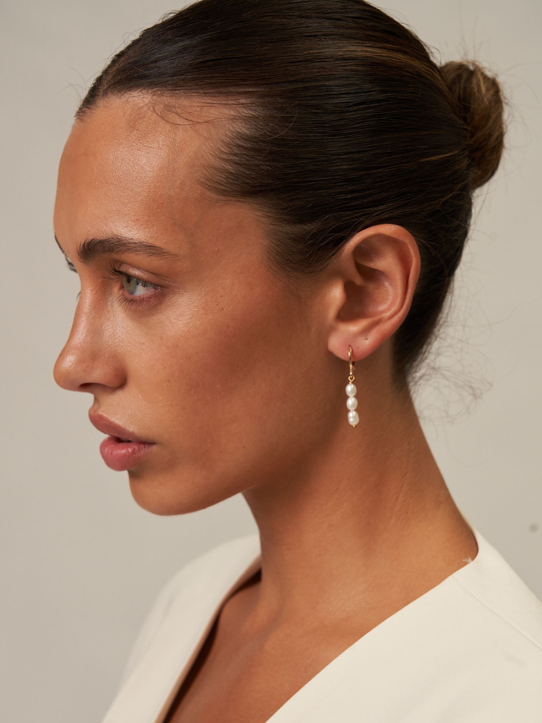 Three Pearl Small Gold Hoop Earrings
