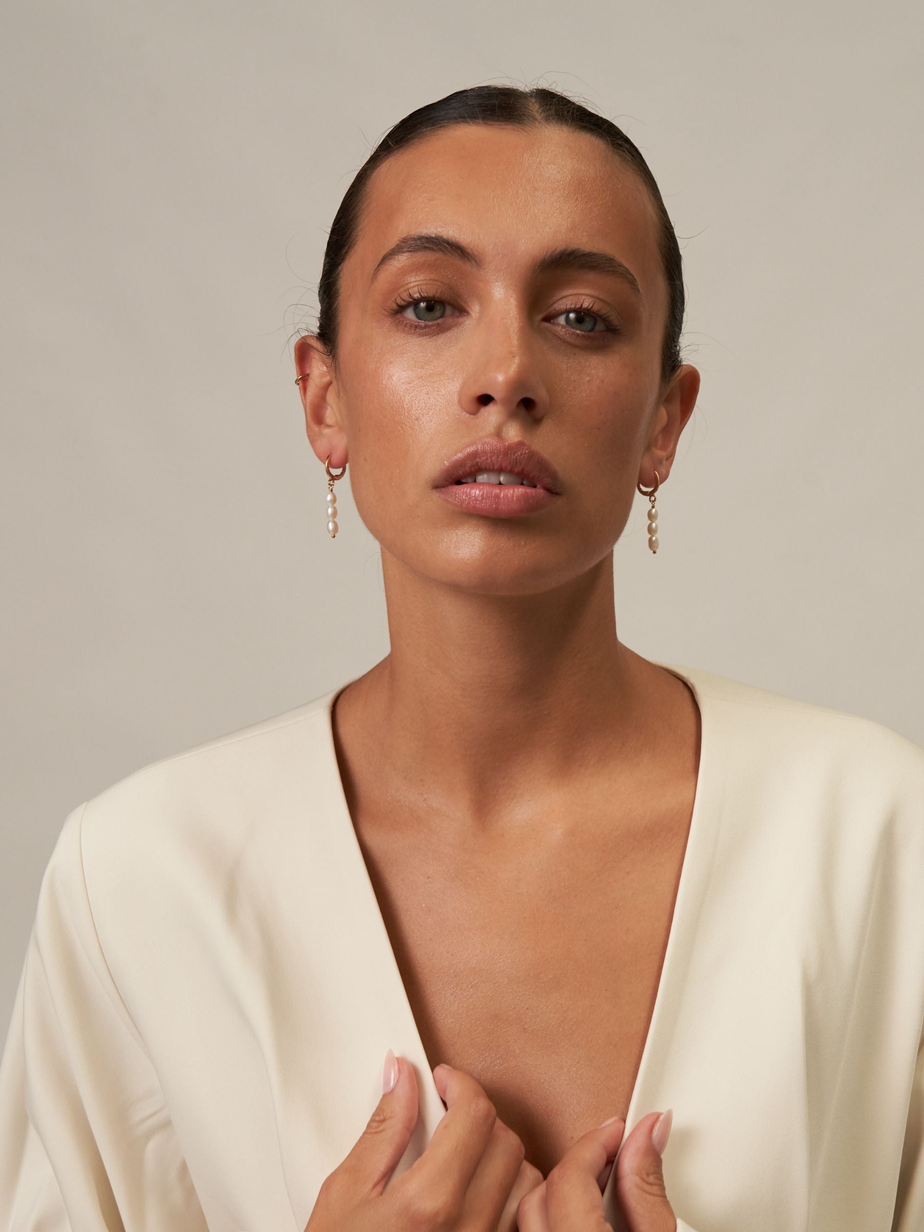 Three Pearl Small Gold Hoop Earrings