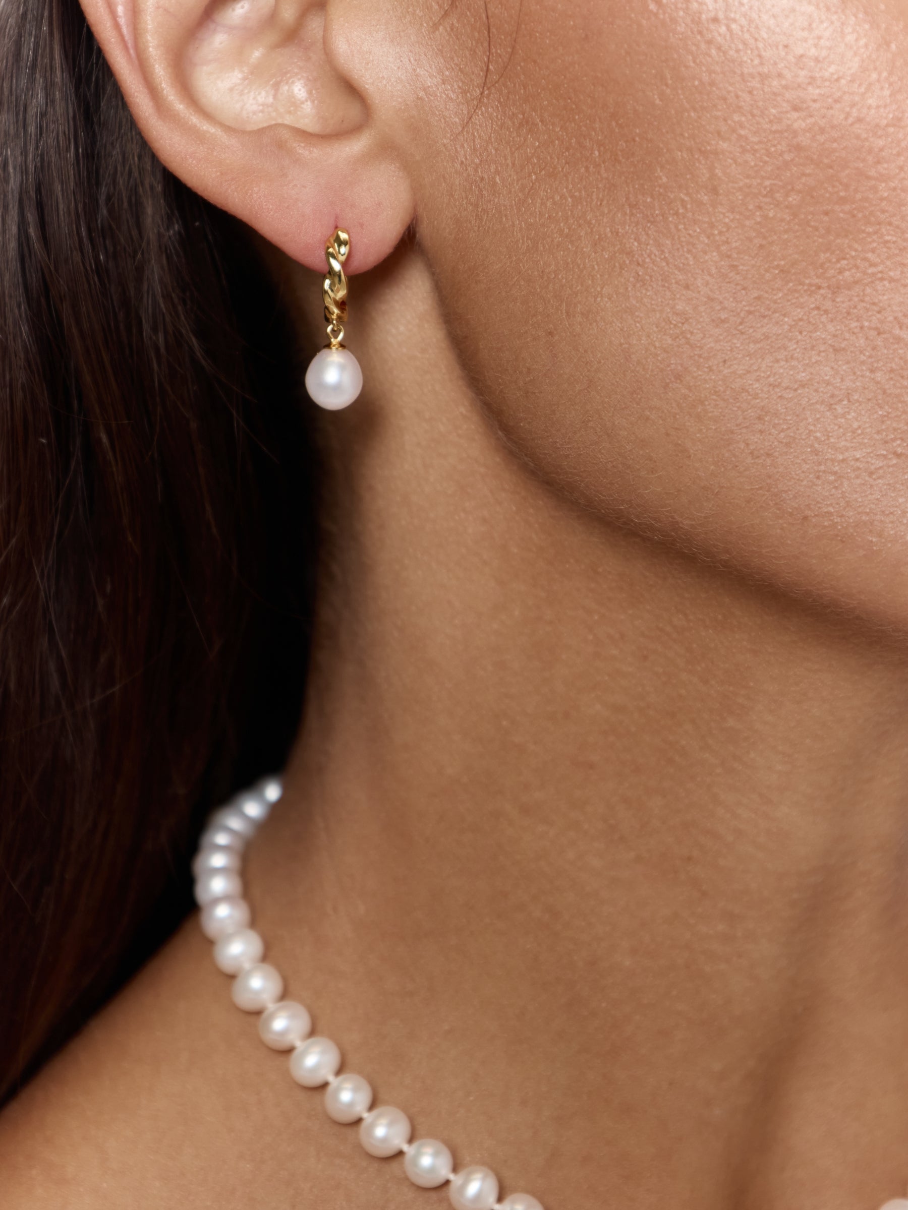 Pearl Drop Twisted Gold Hoop Earrings