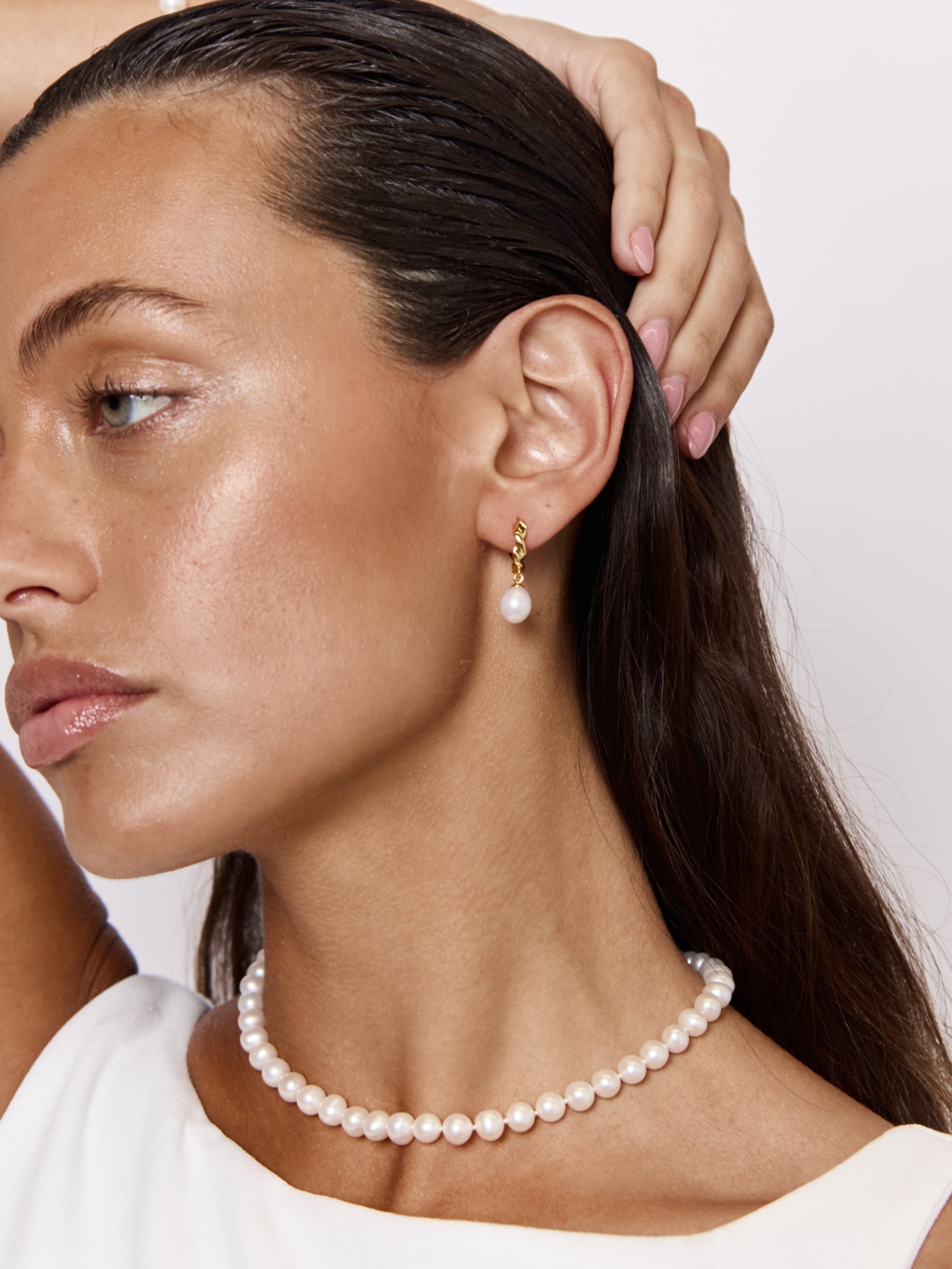 Pearl Drop Twisted Gold Hoop Earrings