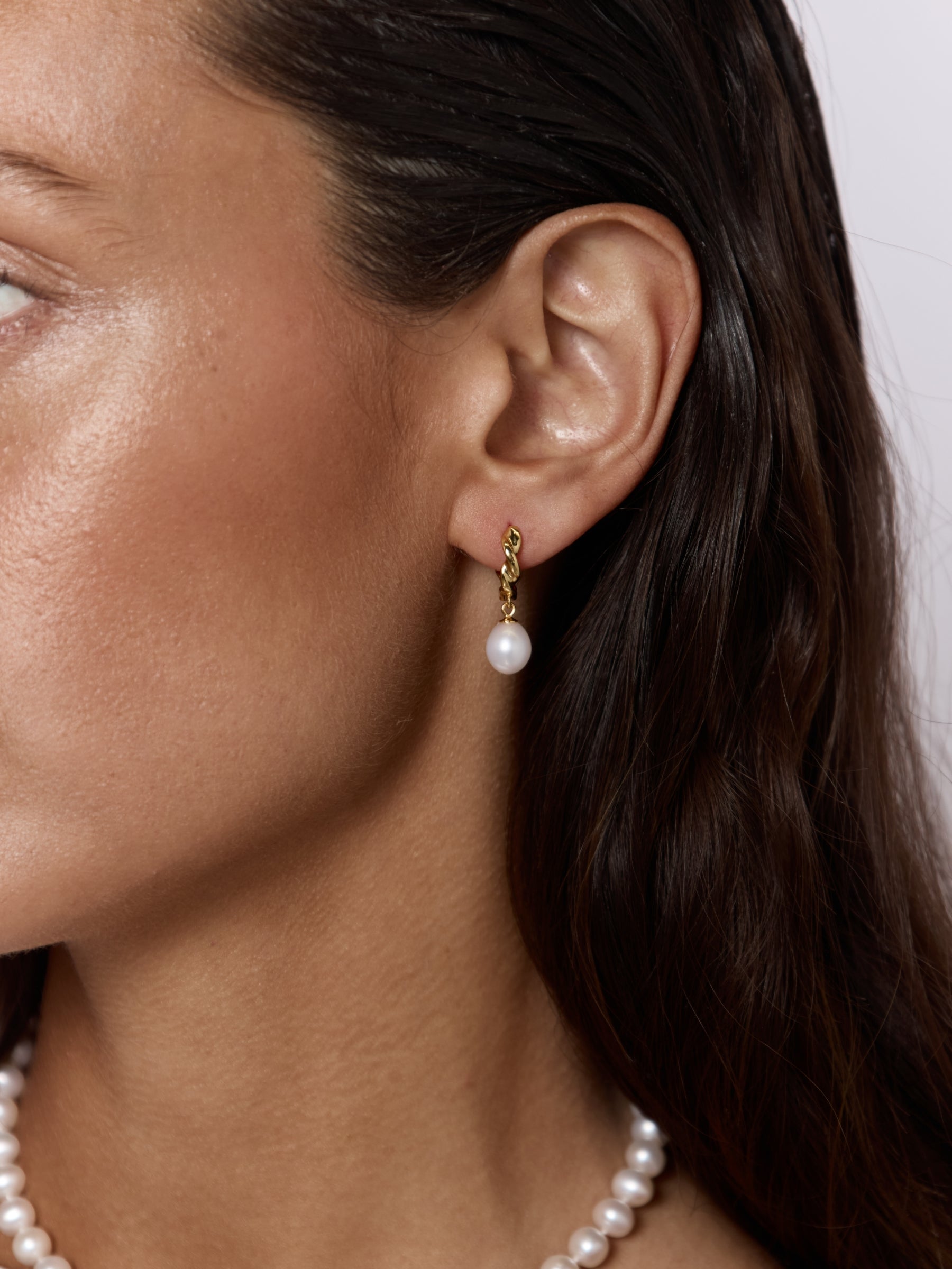 Pearl Drop Twisted Gold Hoop Earrings