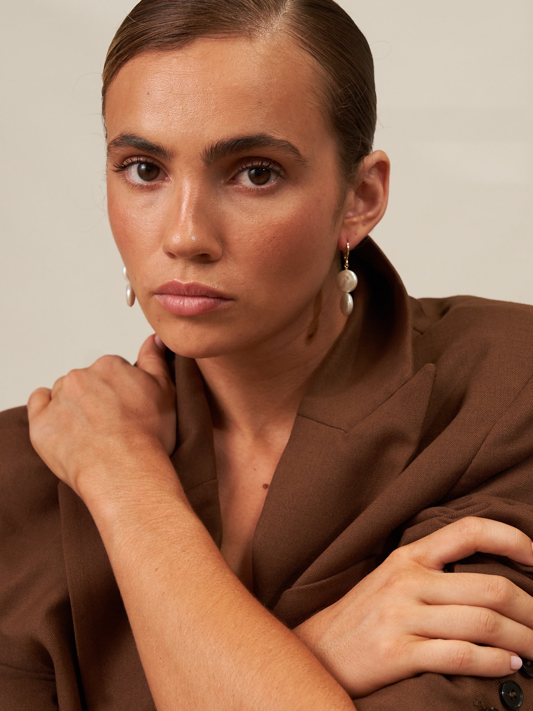 Two Pearl Gold Hoop Earrings