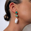 Green glass double drop large pearl earrings