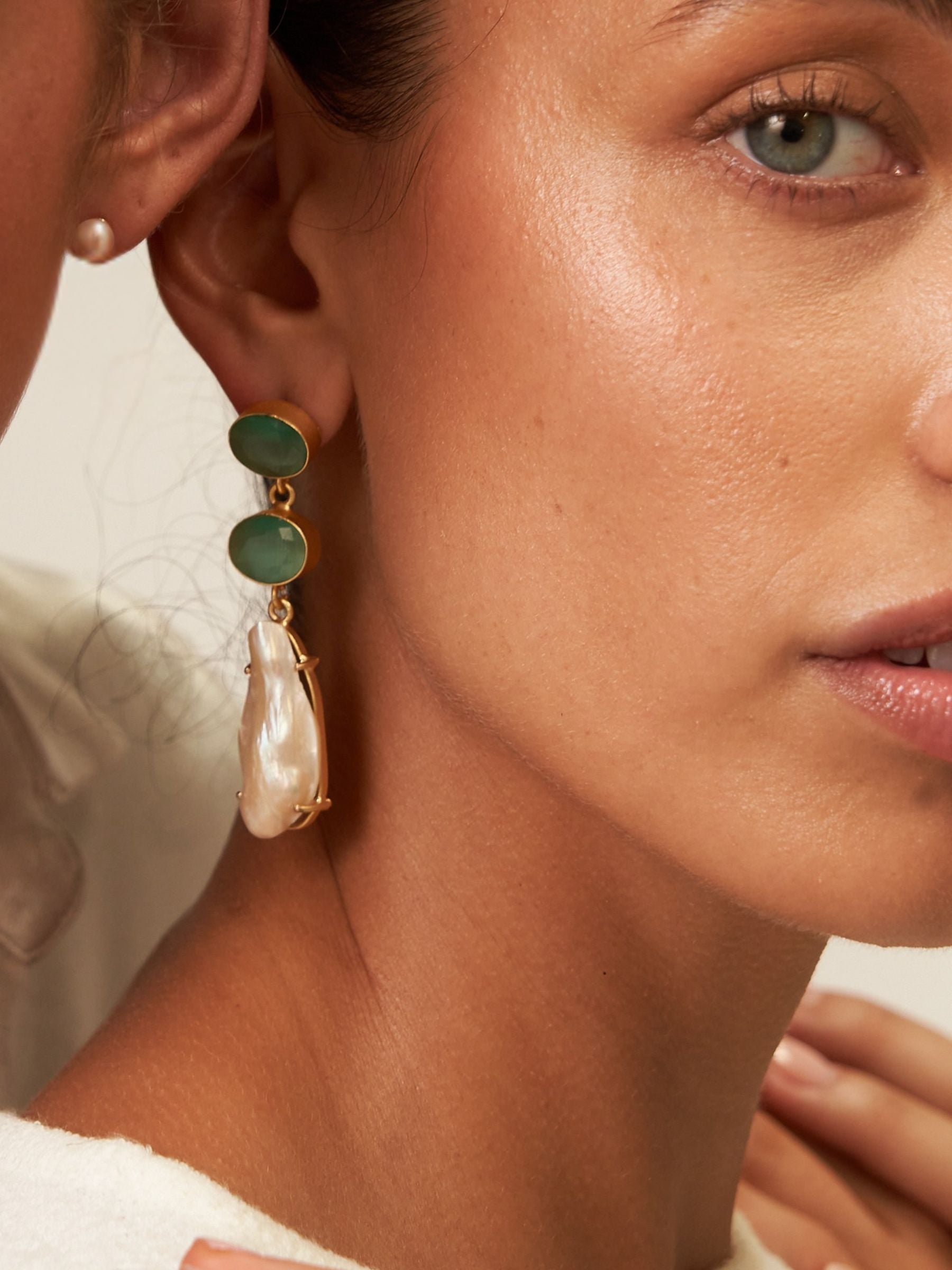 Green glass large pearl drop earrings