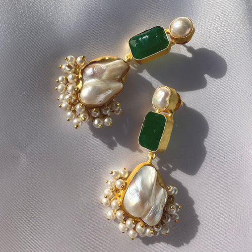 Large drop baroque pearl earrings with green glass