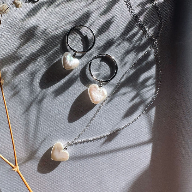 Amor | Heart Shape Pearl Hoops | Sterling Silver