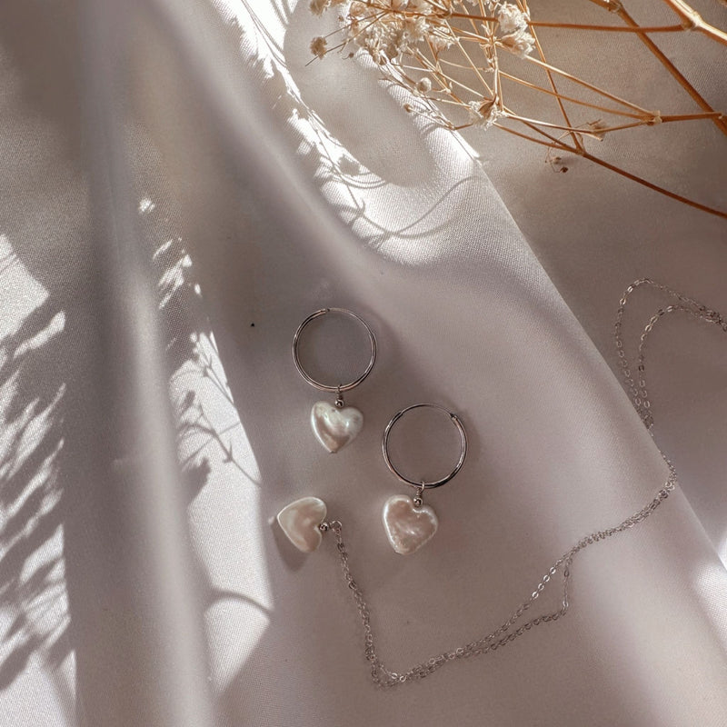 Amor | Heart Shape Pearl Hoops | Sterling Silver