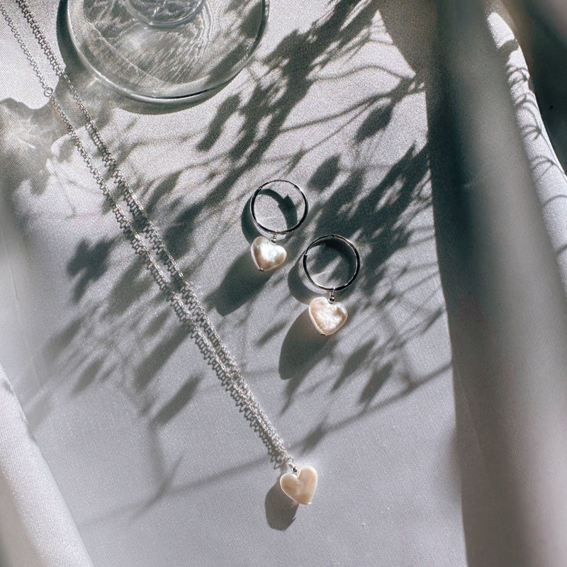Amor | Heart Shape Pearl Hoops | Sterling Silver