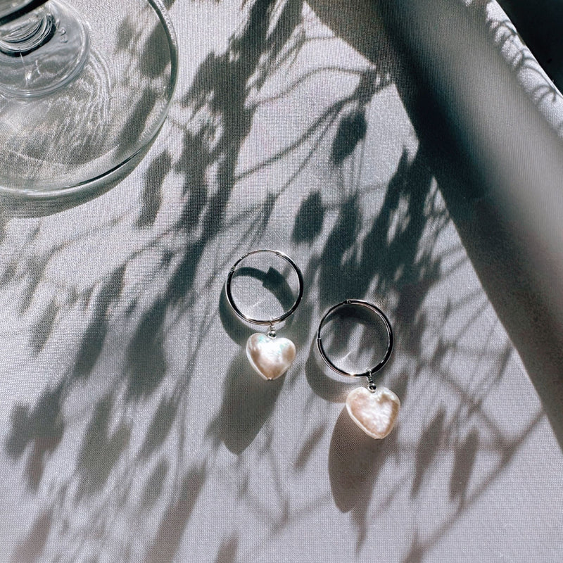 Amor | Heart Shape Pearl Hoops | Sterling Silver