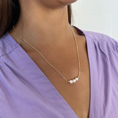 Three Pearl Necklace on model