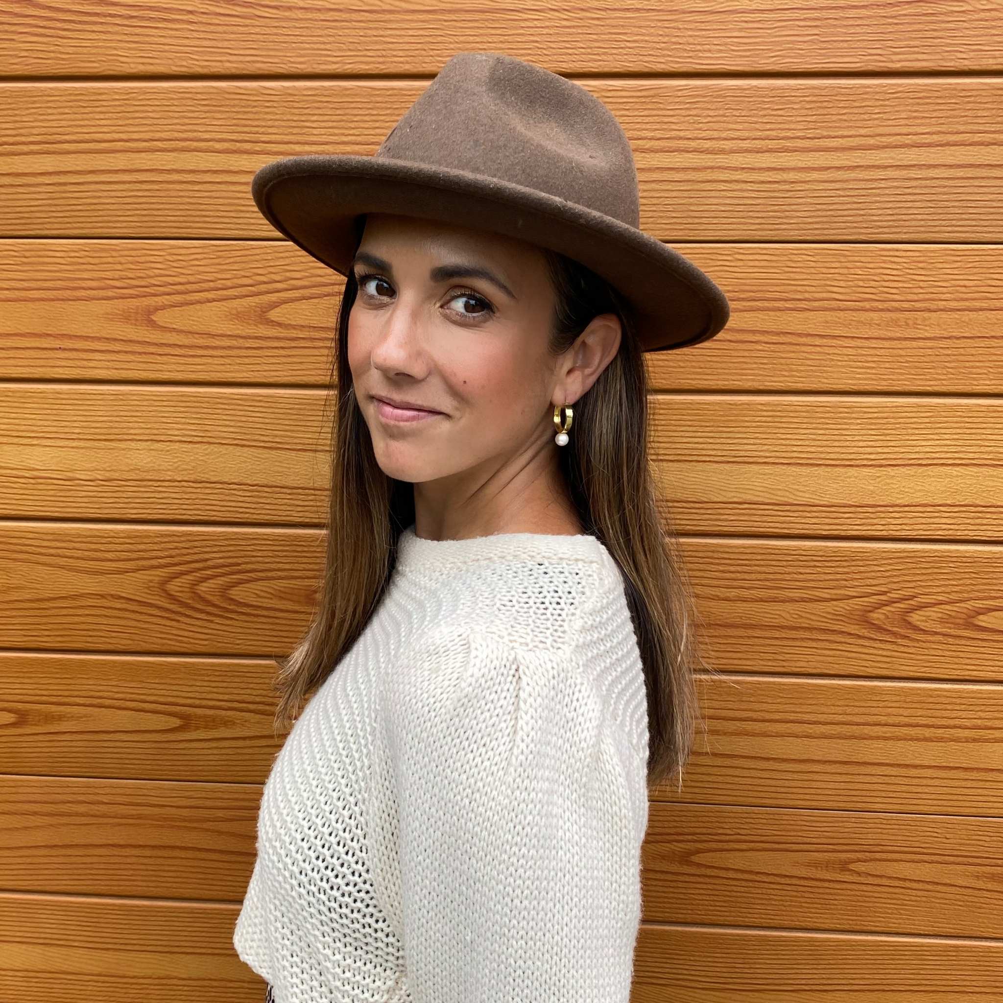Emma hoop on model with hat