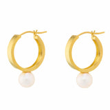 Chunky 14k Gold Vermeil Hoops with a circular white pearl hanging from the bottom