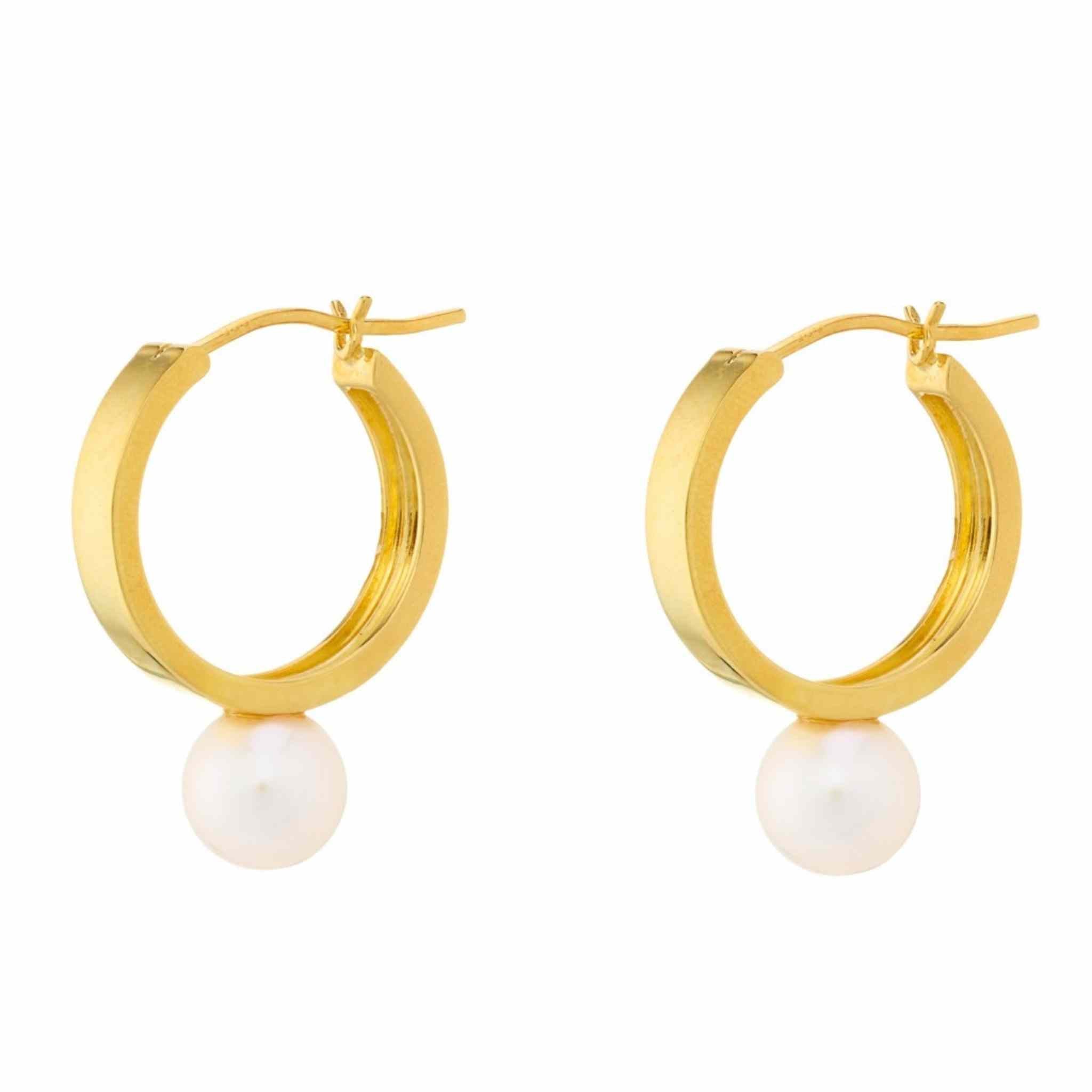 Chunky 14k Gold Vermeil Hoops with a circular white pearl hanging from the bottom