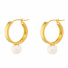Chunky 14k Gold Vermeil Hoops with a circular white pearl hanging from the bottom