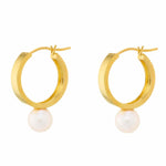 Chunky 14k Gold Vermeil Hoops with a circular white pearl hanging from the bottom
