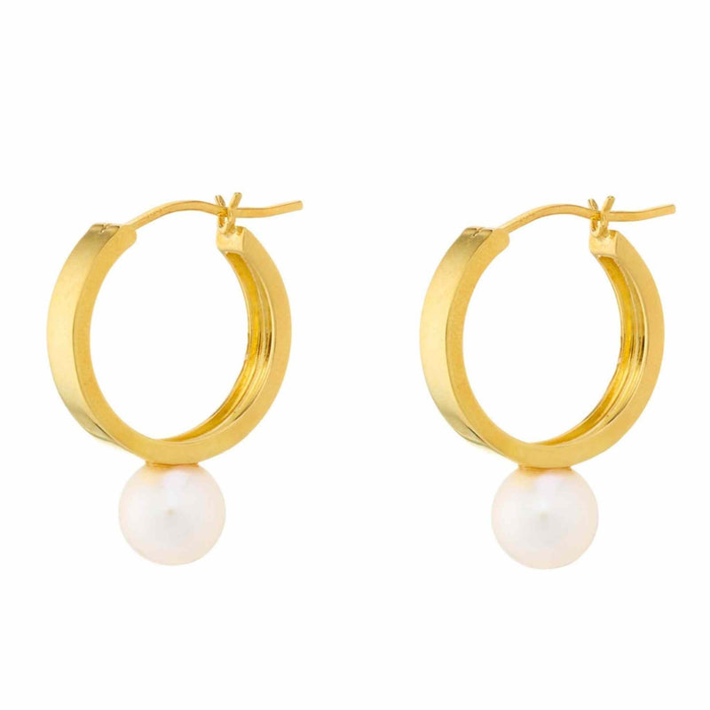 Chunky 14k Gold Vermeil Hoops with a circular white pearl hanging from the bottom