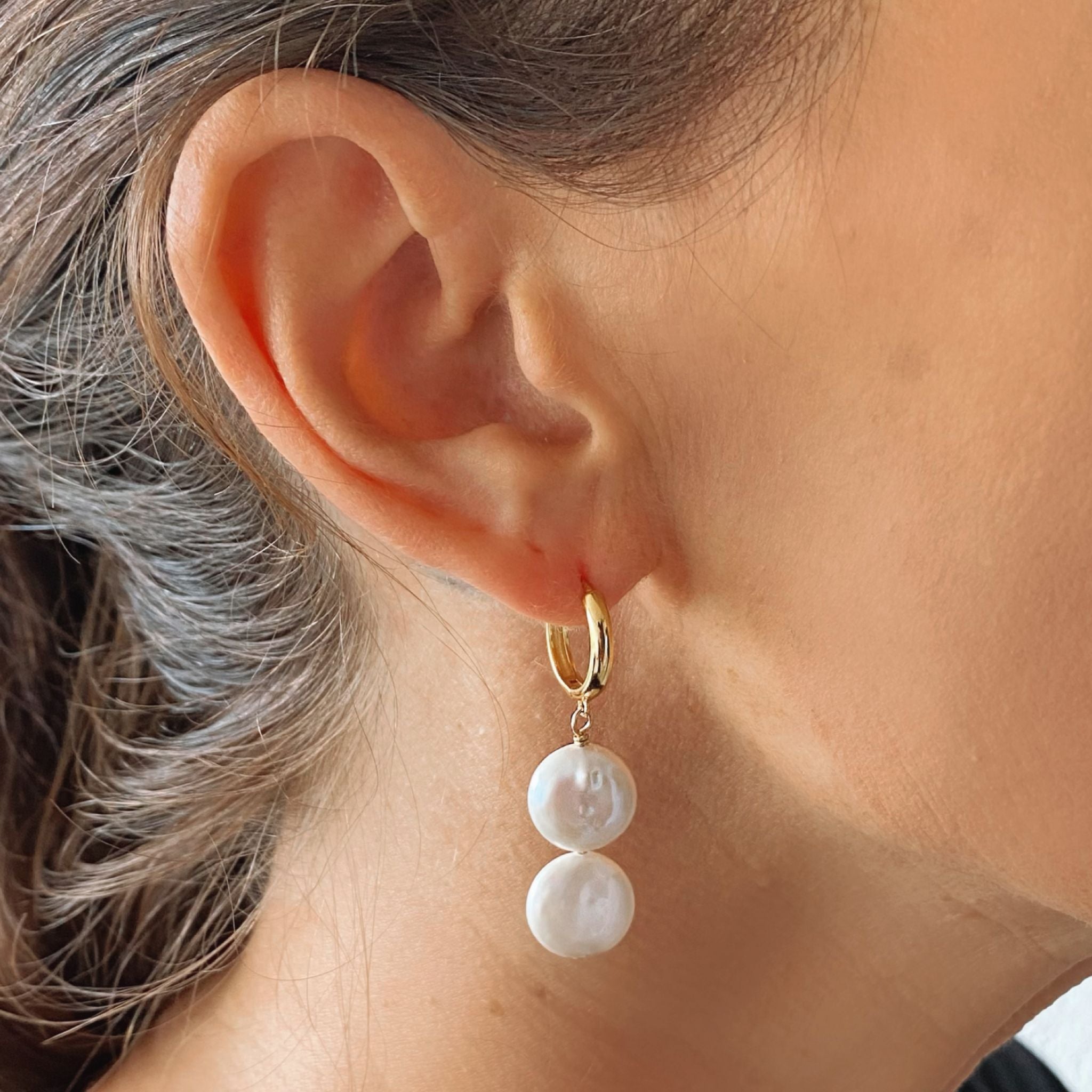 14k Gold Button Pearl Hoops Witt & Pearl