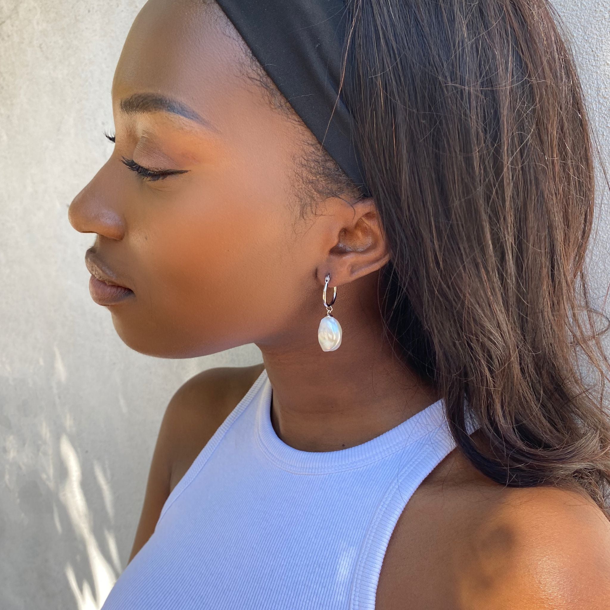 Keshi Pearl Silver Drop Dangle Hoop earrings