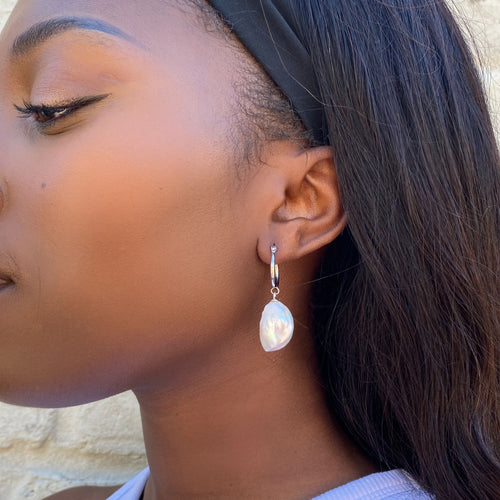 Keshi Pearl Silver Drop Dangle Hoop earrings