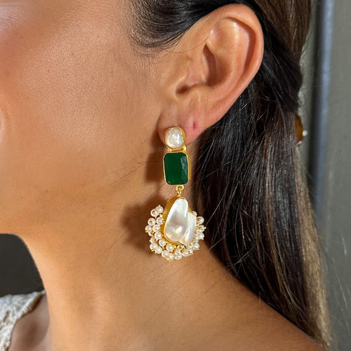 Large drop baroque pearl earrings with green glass